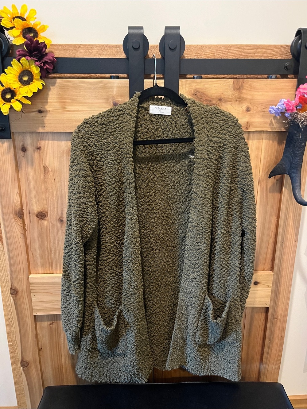 Zenana Outfitters Olive Green Plush Sherpa Open-Front Cardigan